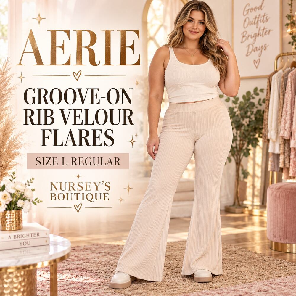 Aerie Groove-On Rib Velour Flare Pants Large Regular Soft Oat High Rise